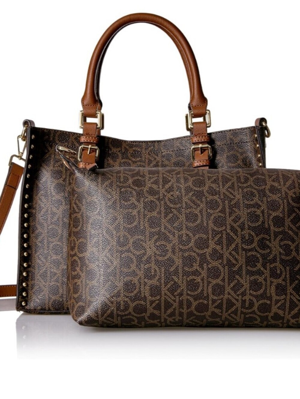 Calvin Klein Brown Monogram Satchel with Tan Trim
